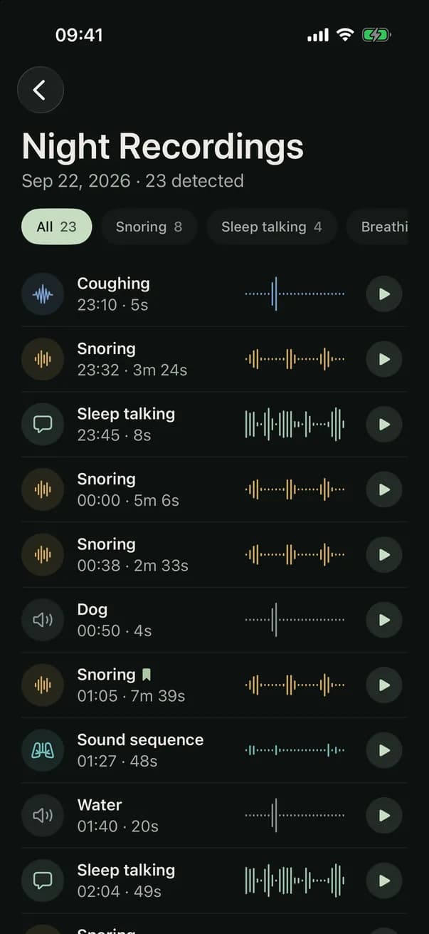 The list of sounds recorded in a night, filterable by snoring, sleep talking, breathing, coughing and other noises.