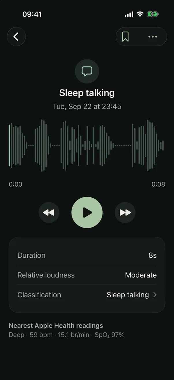 Playing an eight-second sleep talking clip, with its relative loudness, classification and the nearest Apple Health readings.