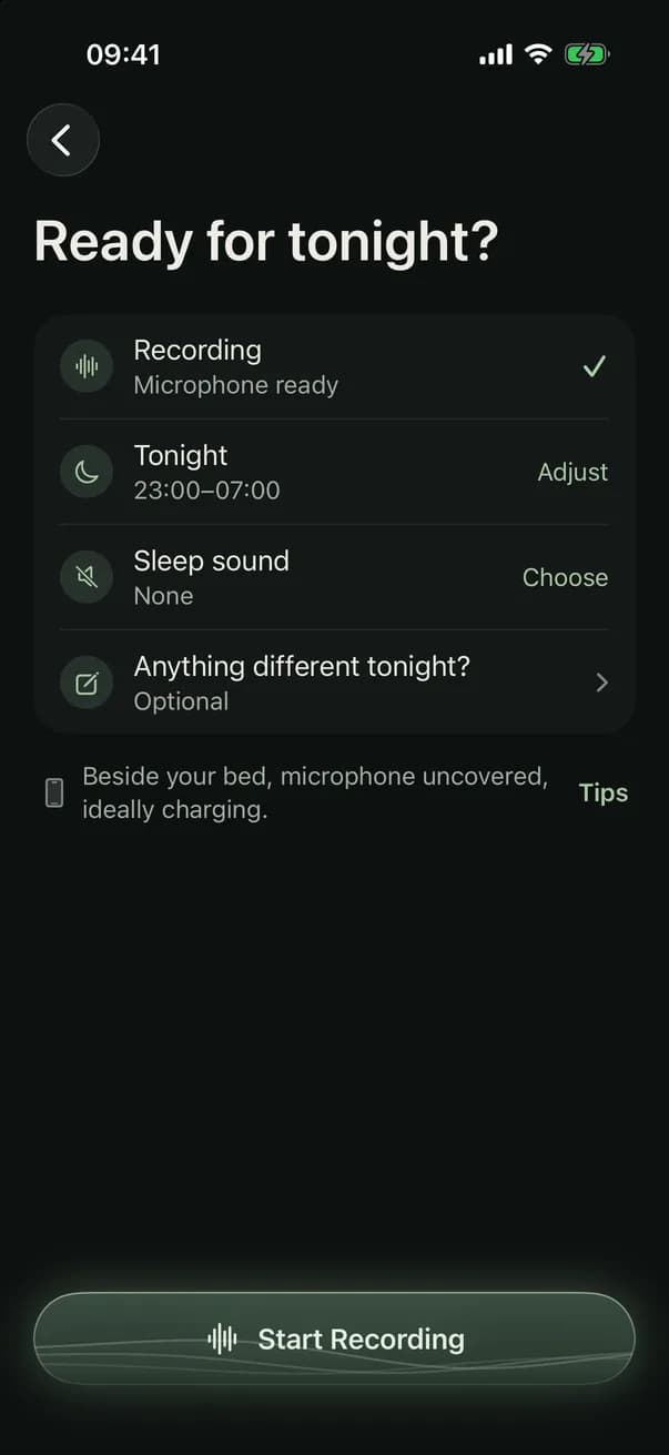Ready for tonight: microphone ready, tonight's sleep window, an optional sleep sound, and 'Anything different tonight?' for bedtime notes.