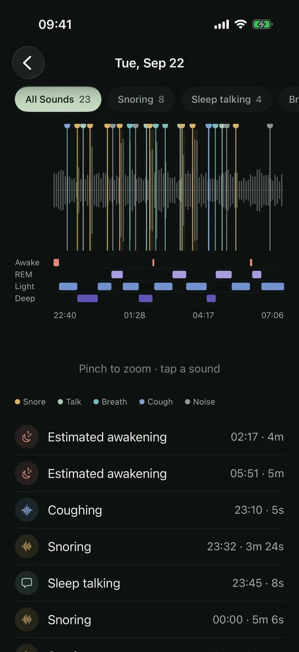 Night timeline: every detected sound as a coloured marker over the night's waveform, Apple Health sleep stages beneath, and a list of events with times and lengths.